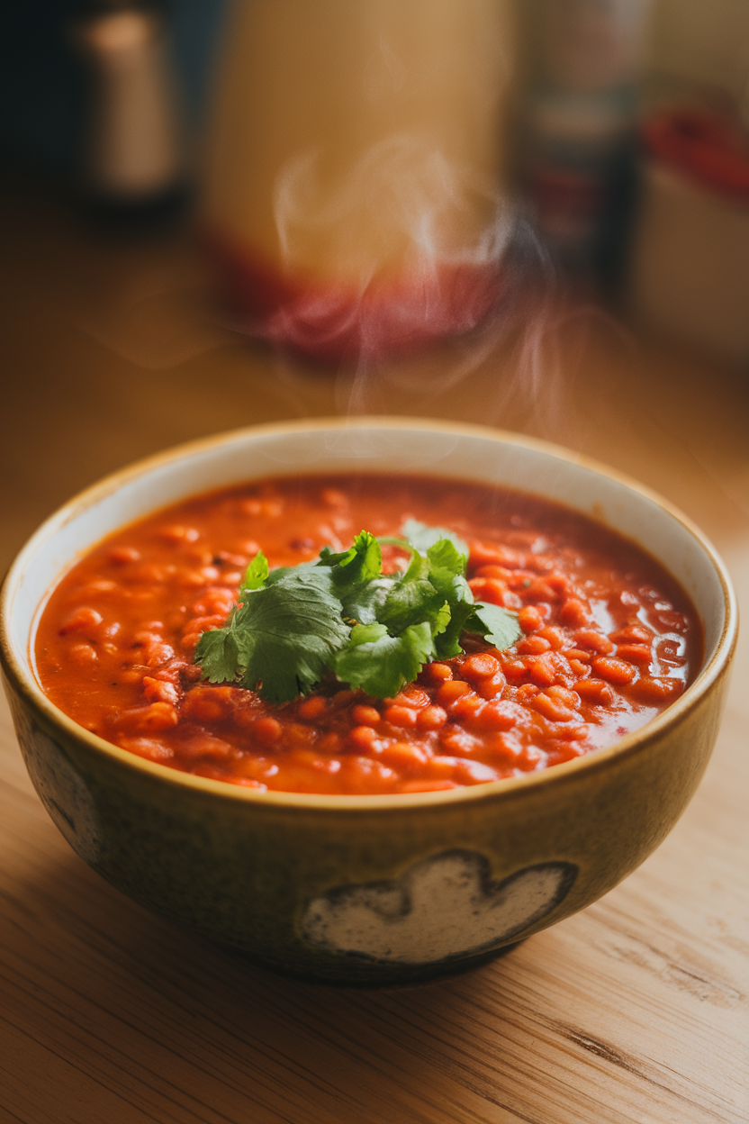 A steaming indoor soup bowl filled with red lentil tomato broth garnished with cilantro, photographed at table height. No text or logos present.