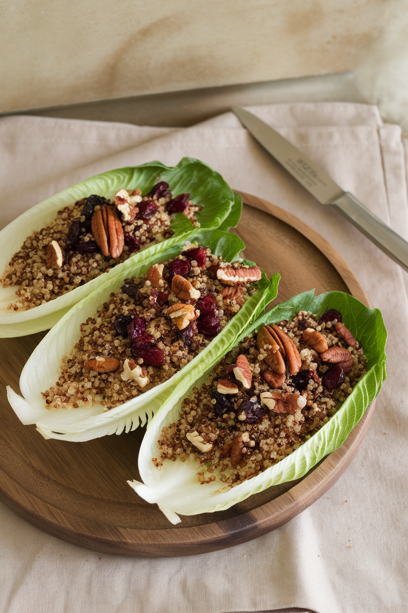 Photo of an indoor platter showing crisp romaine leaves filled with quinoa, cranberries, and chopped pecans; no text or logos