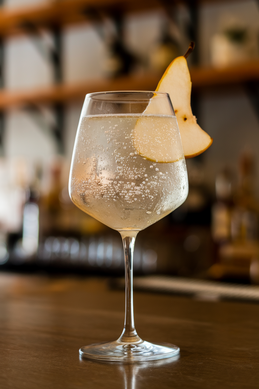 Indoor bar with stemmed wine glass of pale pear spritz, effervescent bubbles rising, thin slice of poached pear hanging on rim. No text or logos. Photo, not illustration.