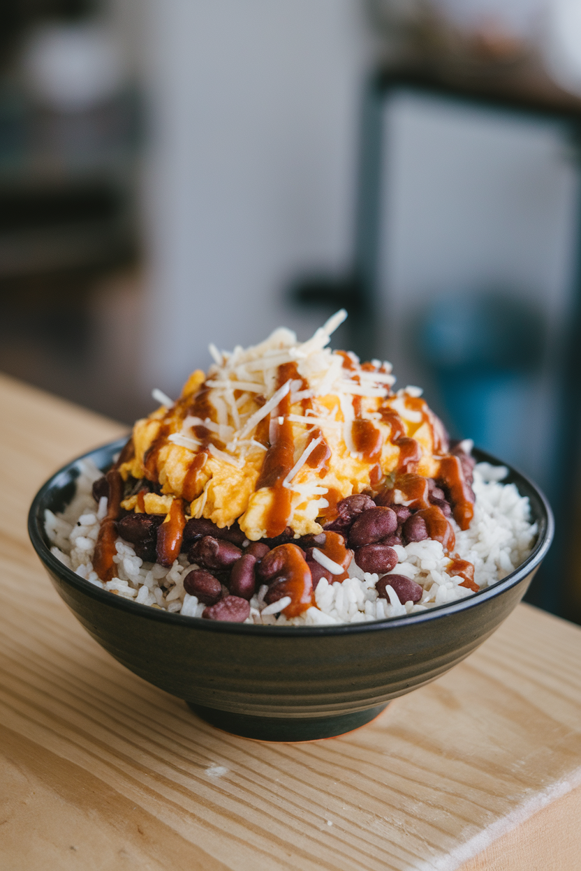Indoor bowl of rice topped with black beans, scrambled eggs, chipotle sauce drizzle, and shredded cheese. No text or logos.
