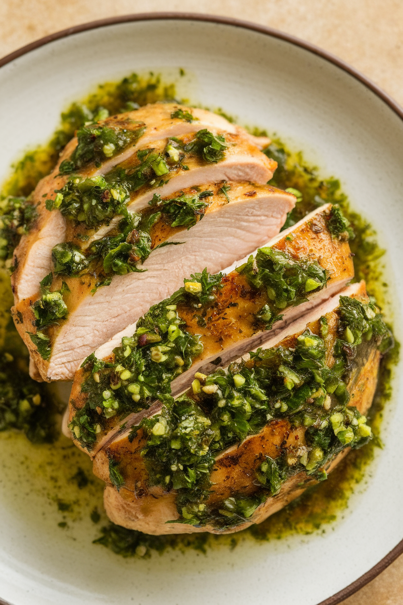 Indoor photo of chicken breast covered in vibrant green garlic chimichurri sauce, sliced and fanned on a plate; bright overhead light, no text or logos