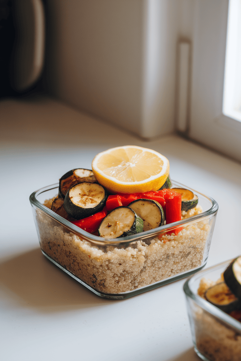 A softly lit indoor kitchen counter with a glass meal-prep container of fluffy quinoa topped with roasted zucchini, red bell pepper, and a lemon wedge—no text or logos visible, photo not illustration