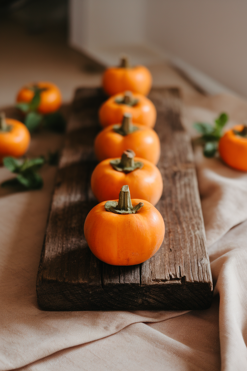 A rustic wooden board indoors lined with whole orange persimmons, each topped with a small sprig of mint to resemble pumpkin stems. No text or logos.