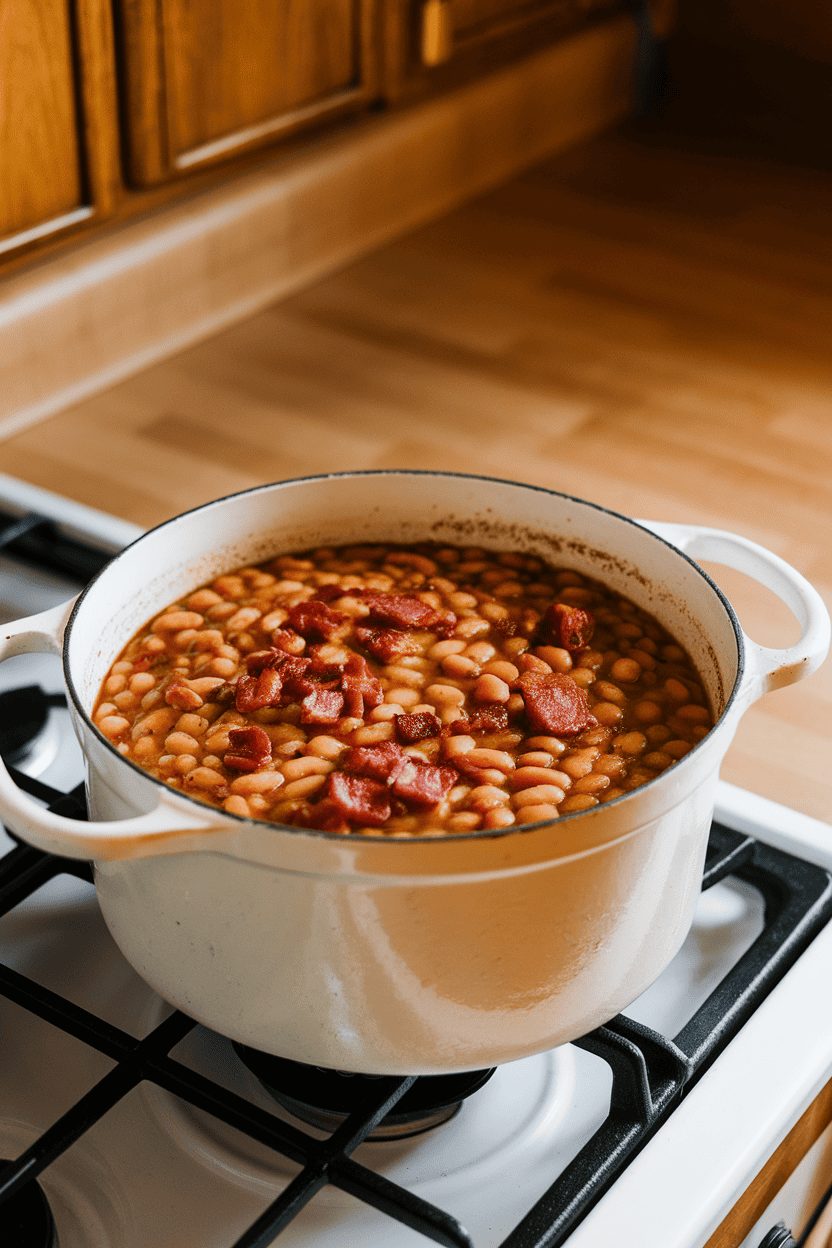 Photo of an enamel pot of baked beans speckled with bacon pieces, set on an indoor stovetop trivet. No text or branding in view.