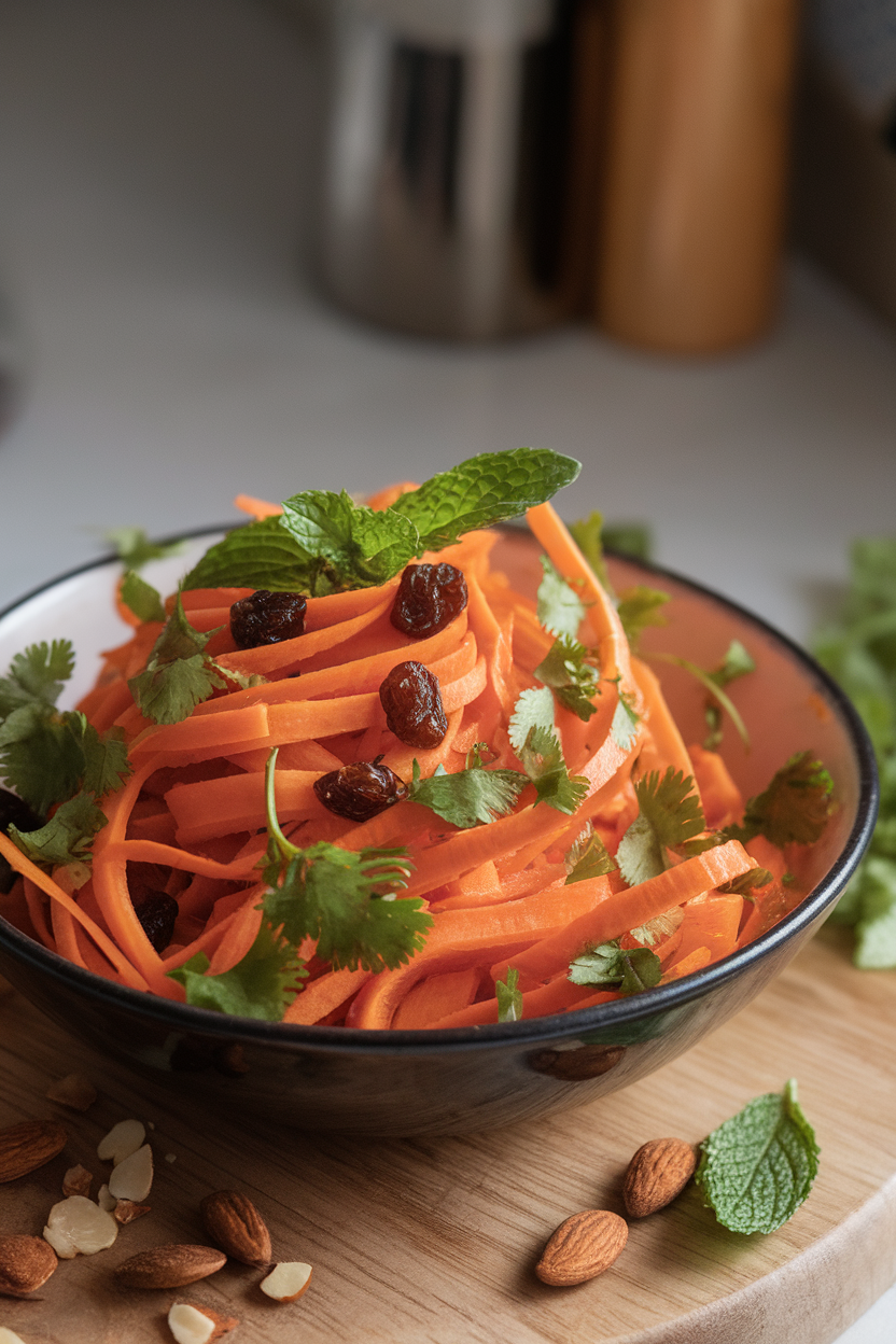 An indoor bowl of thin carrot ribbons tossed with chopped cilantro, raisins, and a cumin-citrus dressing. No text or logos. Photo, not illustration.