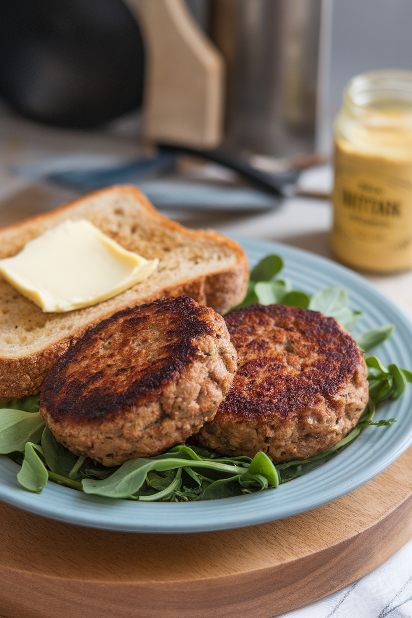 Indoor plate with two browned vegan sausage patties and a slice of buttered whole-grain toast. No text or logos visible.