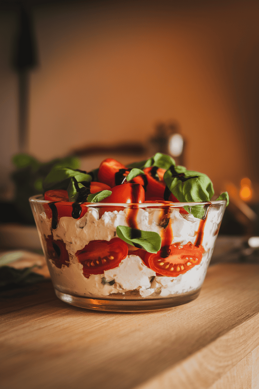 Photo of a low glass bowl filled with cottage cheese, halved cherry tomatoes, basil ribbons, and balsamic drizzle, indoor lighting, no text or logos.