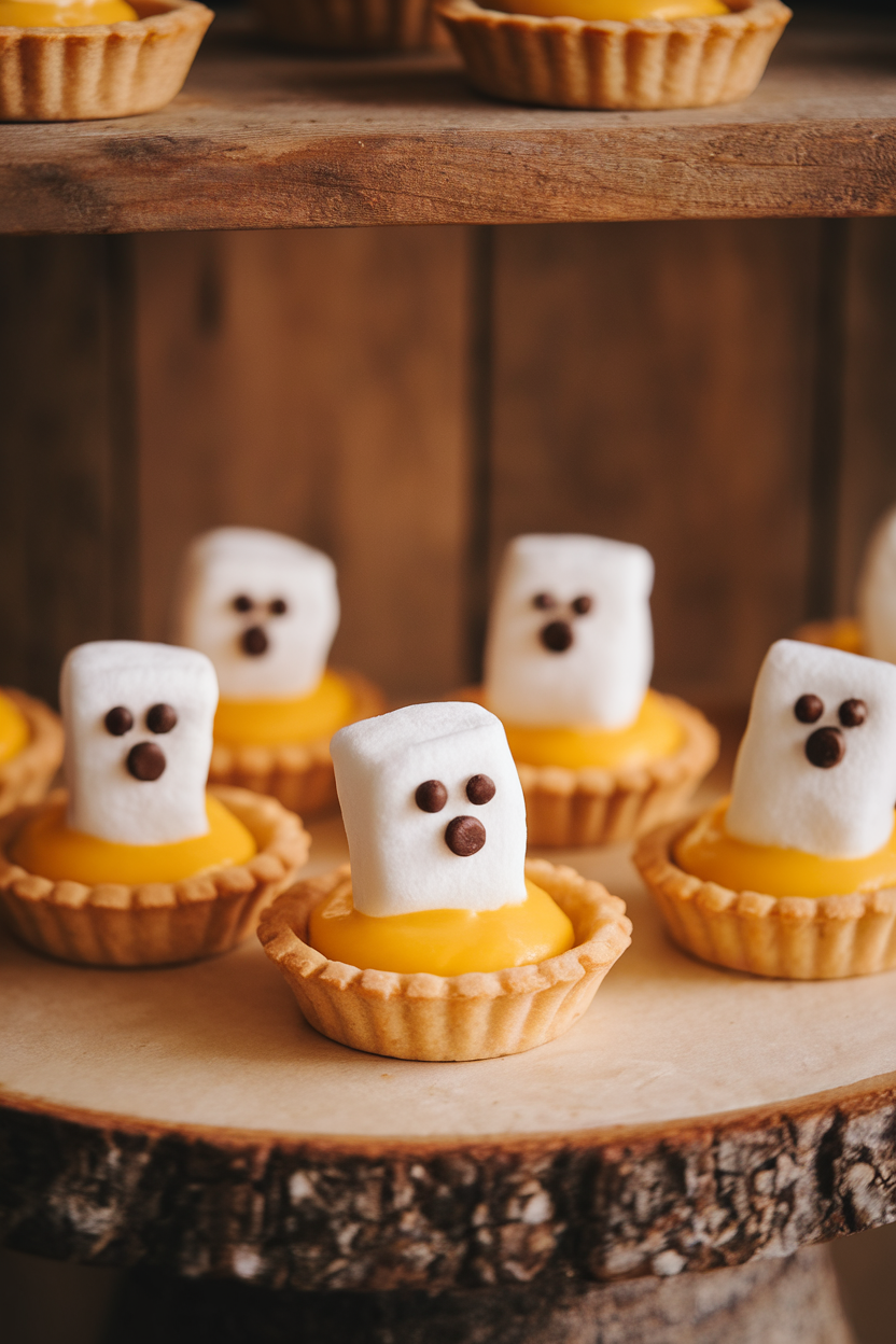 An indoor pastry board featuring mini tart shells filled with bright lemon curd, topped with marshmallow ghost dollops and chocolate eyes. Photo only, no text or logos.