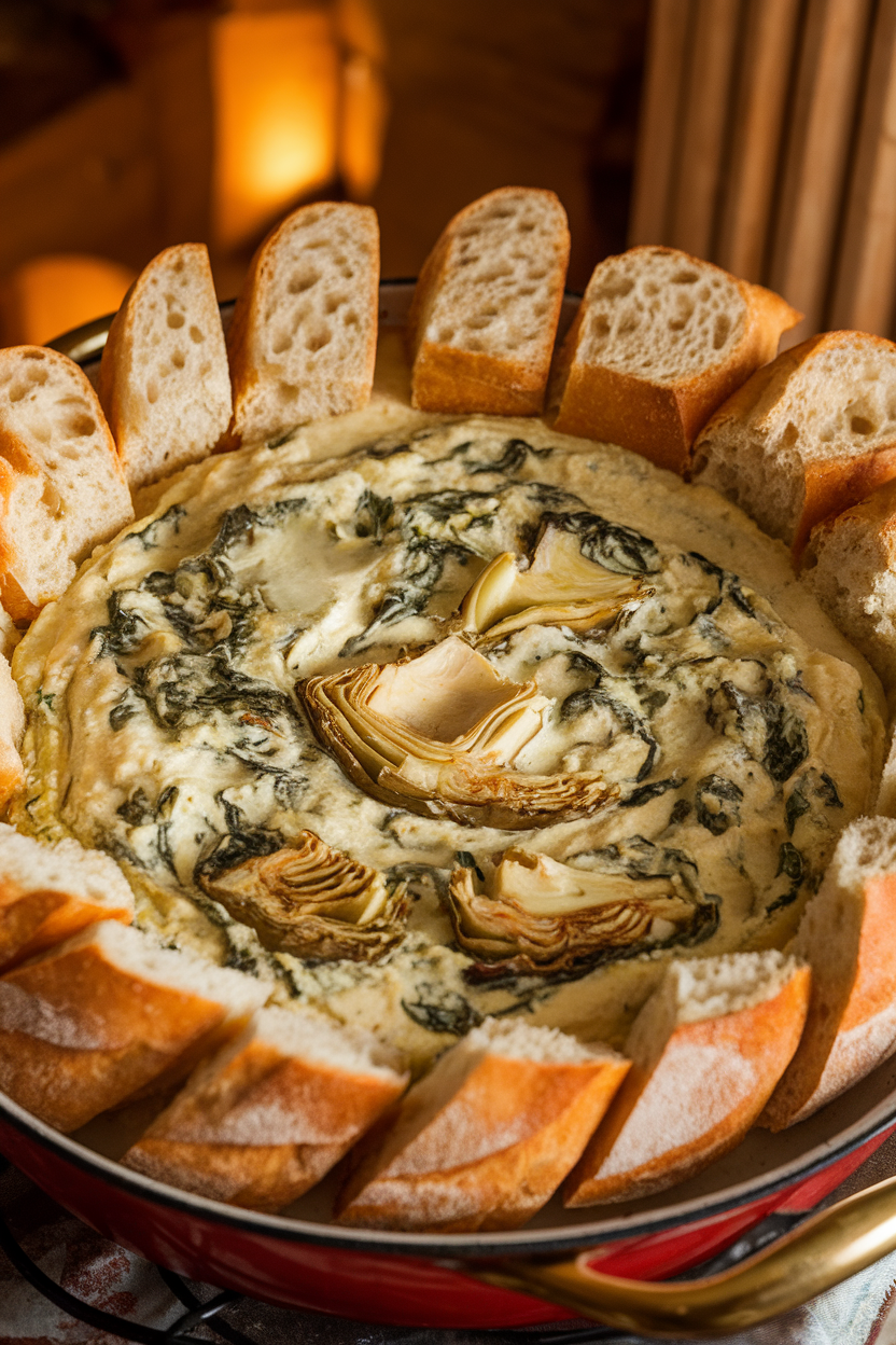 A bubbling indoor casserole dish of creamy spinach artichoke dip, surrounded by a ring of toasted baguette slices. Warm lighting, free of text and logos. Photo only.