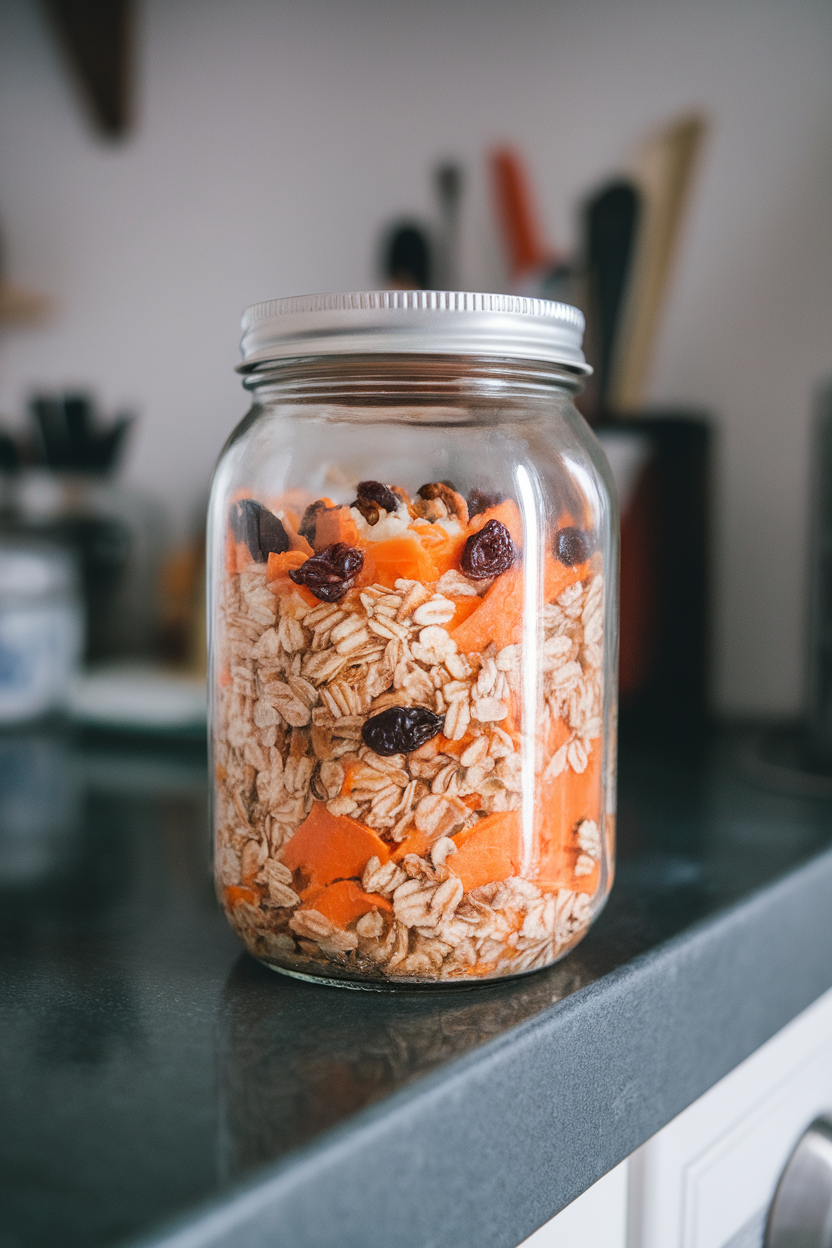 A glass jar on an indoor countertop layered with carrot cake–inspired oats, grated carrots visible throughout, photographed at eye level. No text or logos present.