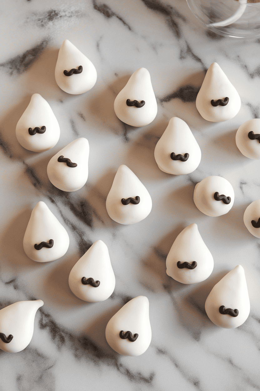 White candy-dipped cake pops shaped into gentle teardrops, tiny black icing mouths in “O” shapes, set on an indoor marble counter; no text or logos. Photo.