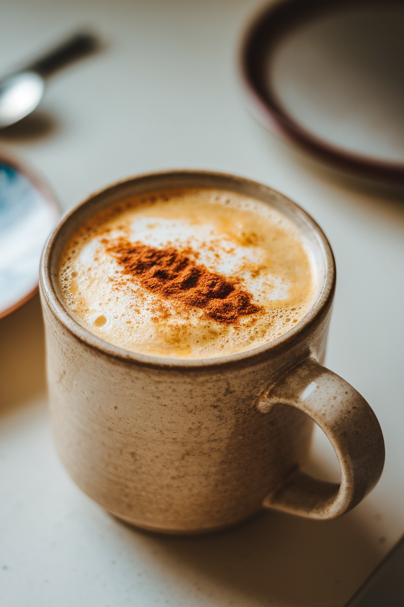 A ceramic mug on an indoor table filled with frothy golden milk, a sprinkle of cinnamon on top, photographed from slight side angle. No text or logos visible.