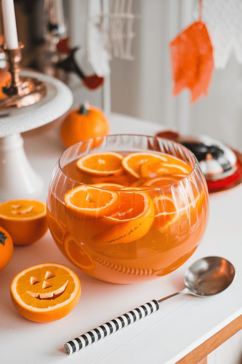 Indoor party table featuring a clear punch bowl of orange cocktail bobbing with orange slices carved like smiley pumpkins; ladle nearby, no text or logos.