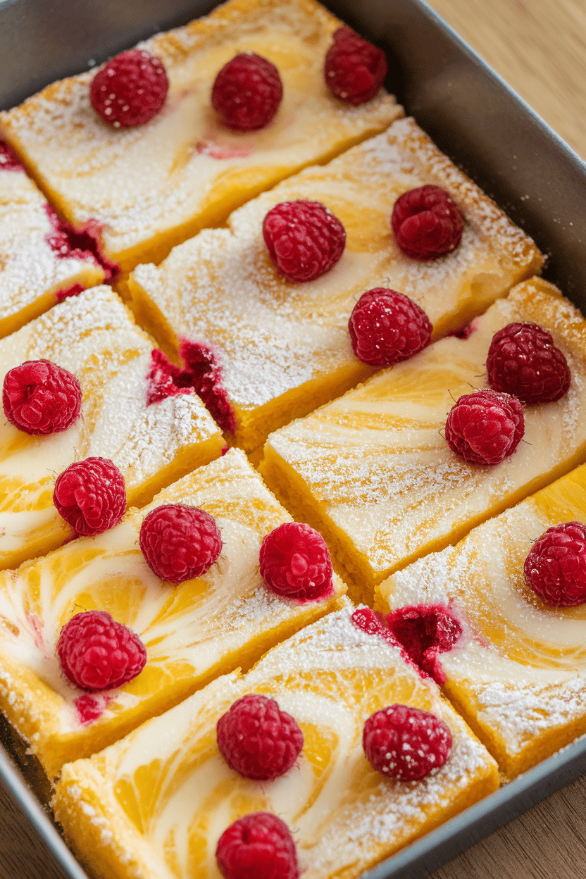 Indoor photo of raspberry-swirled lemon bars dusted with powdered sugar, arranged neatly, no text or logos