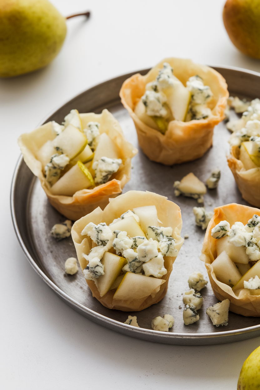 Indoor photo of flaky phyllo cups filled with diced pear and crumbled blue cheese on a serving tray; no text or logos.