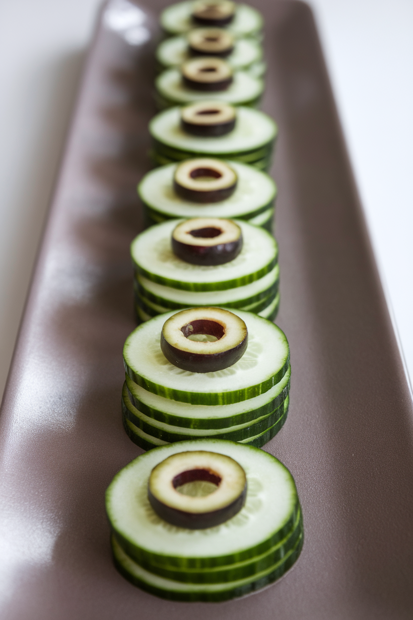 Indoor photo of cucumber rounds stacked in threes so only one olive slice pupil tops each tower, lined in a single row down a long platter. No text or logos.