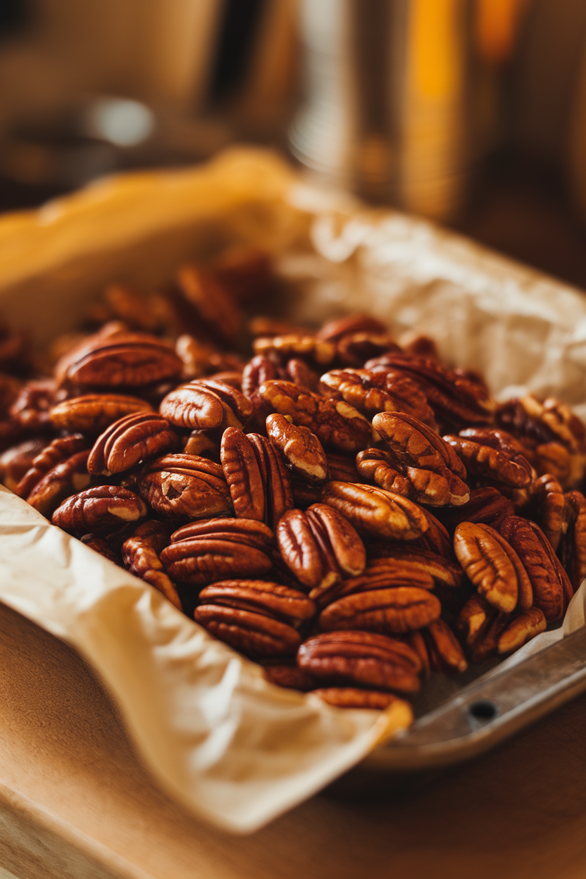 Photo of glazed pecans on a parchment-lined tray, sticky sheen visible, indoor warm light. No text or logos.