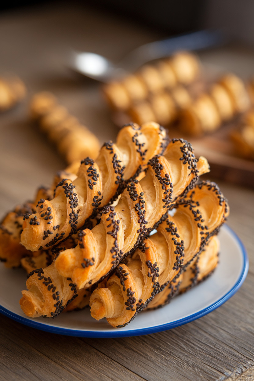 Photo of crisp puff pastry cheese straws coated in black sesame seeds on an indoor plate, no text or logos.