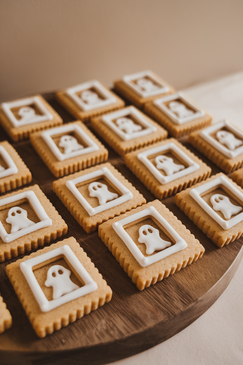 Indoor photo of square cookies with a small clear candy window showing a tiny white ghost silhouette inside, no text or logos.