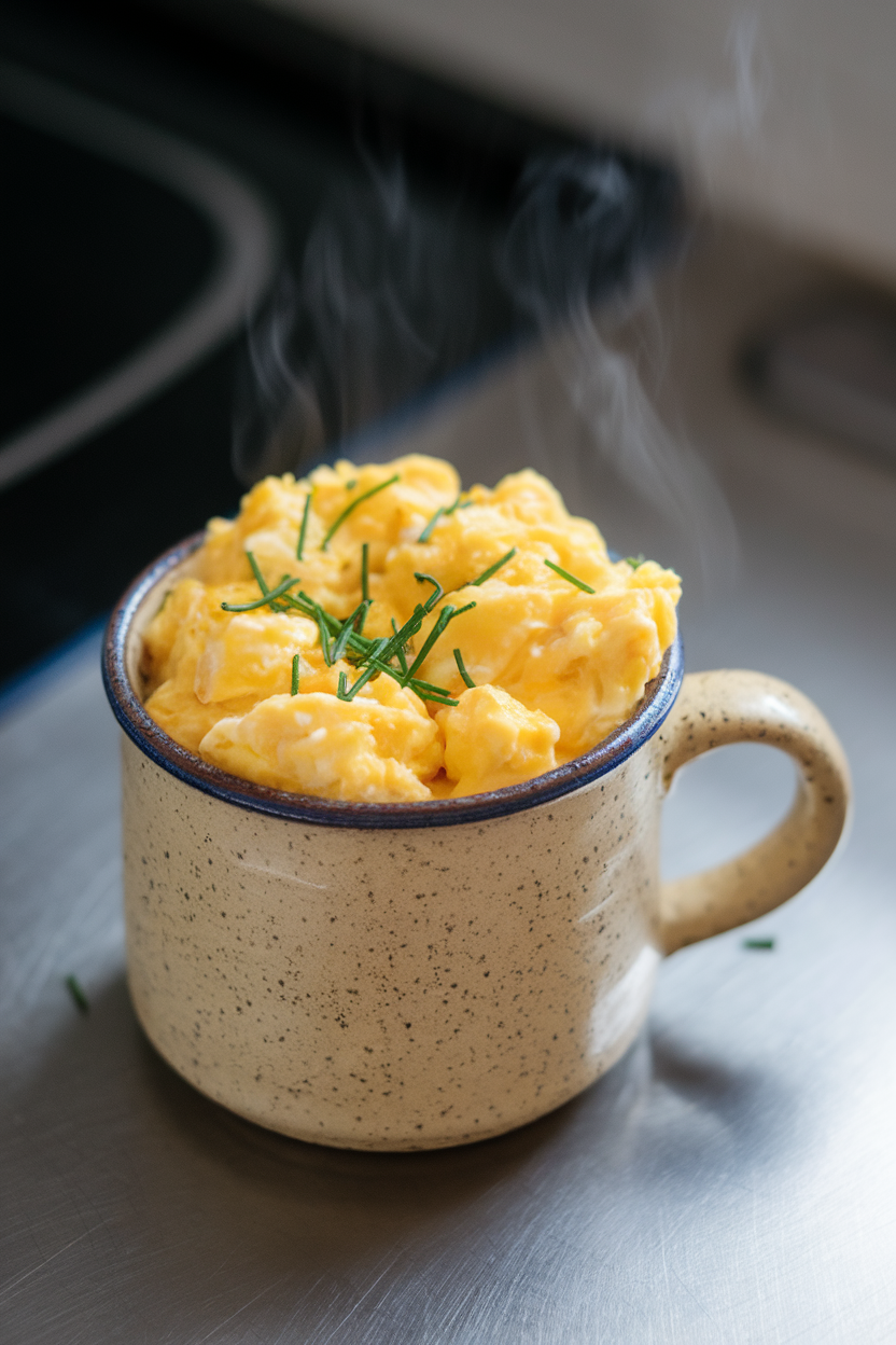 Indoor countertop image of a ceramic mug filled with fluffy scrambled eggs flecked with chives, steam gently rising. No text or logos in sight.