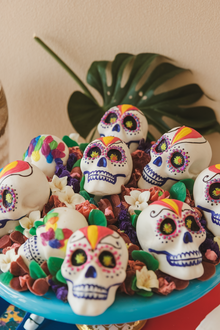 A colorful indoor pastry board filled with ornate white chocolate skulls painted with bright luster dust accents. Photo only, no text or logos.