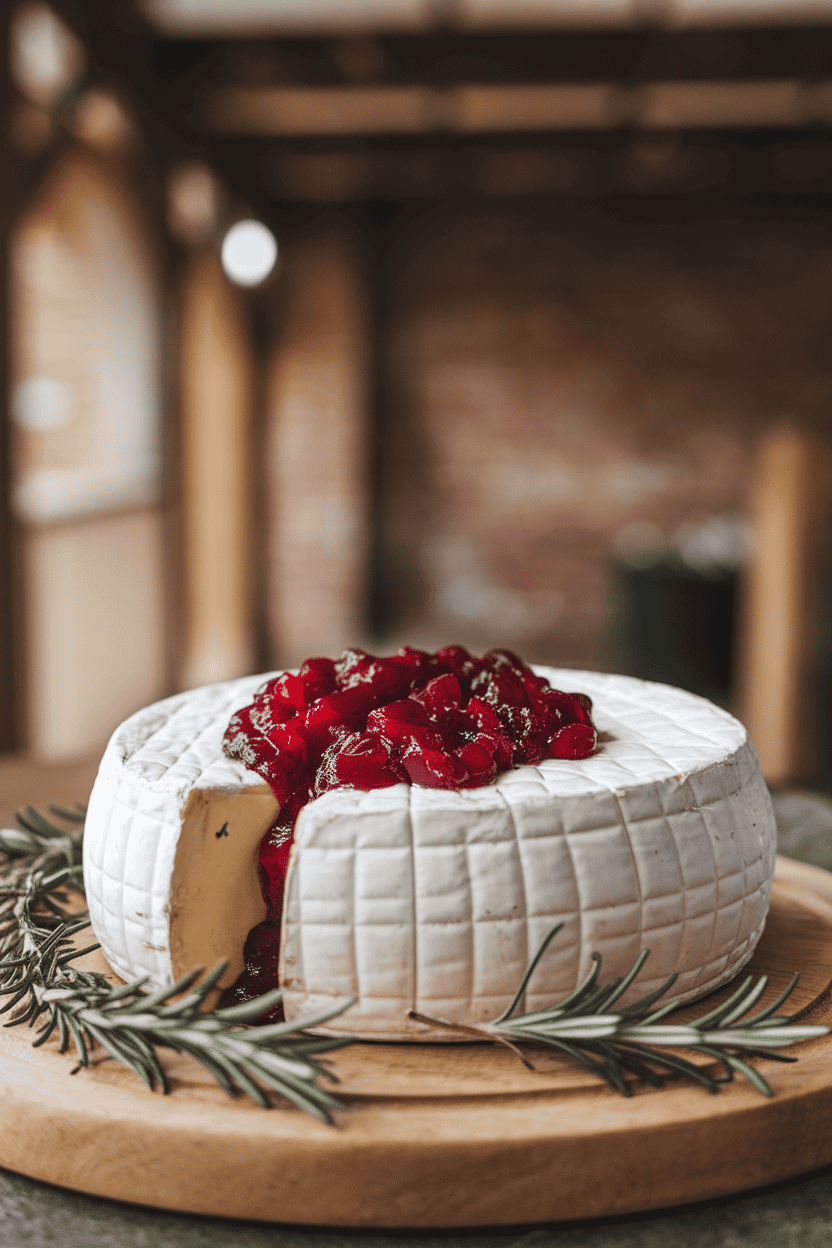 Indoor photo of a whole brie wheel scored on top with cranberry sauce oozing through, rosemary sprigs around, on a wooden board. No text or logos.