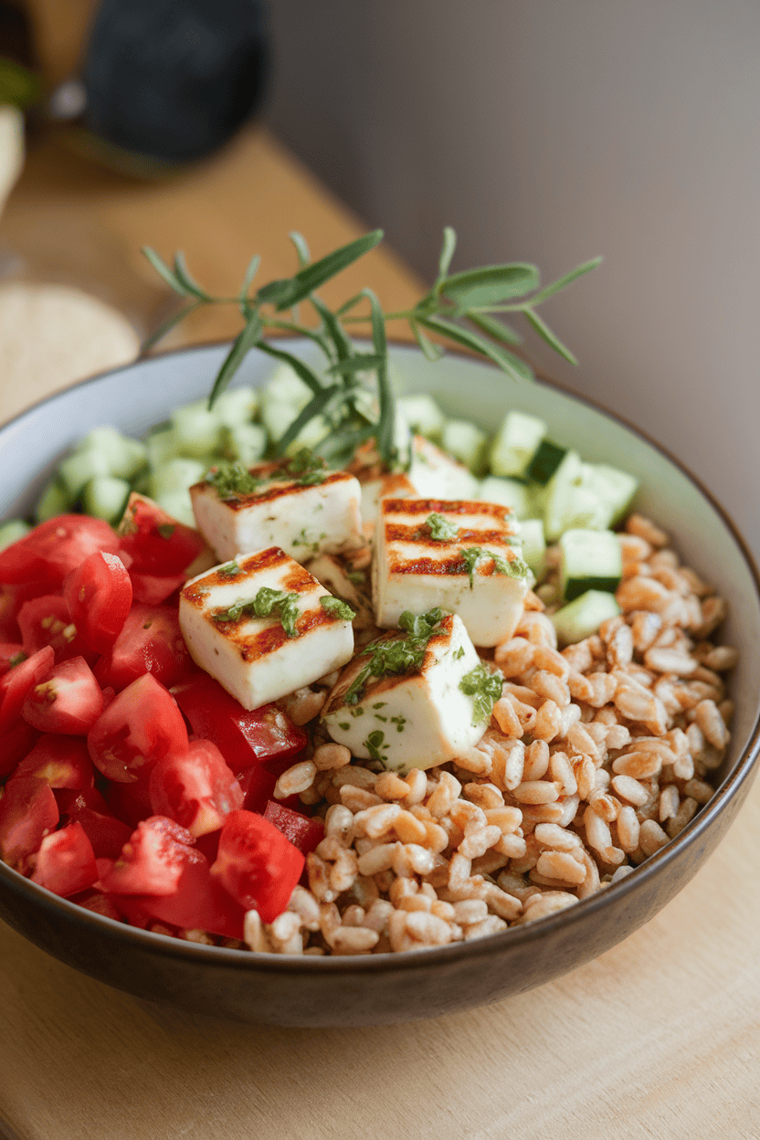 Indoor photo of a bowl holding farro, seared halloumi cubes, diced tomatoes, cucumbers, and a drizzle of herb dressing. No text or logos.