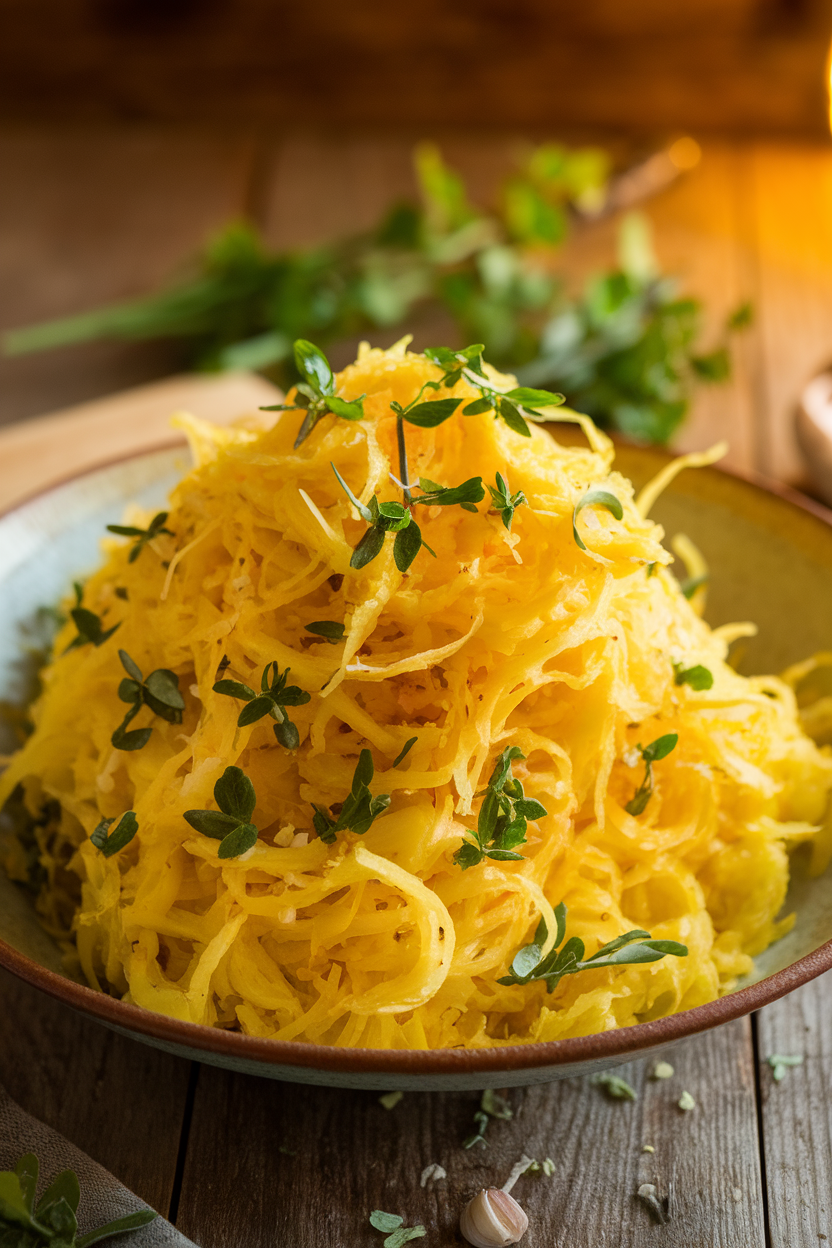 Strands of roasted spaghetti squash tossed with herbs and garlic, piled in a shallow indoor bowl; no text or logos. Photo only.