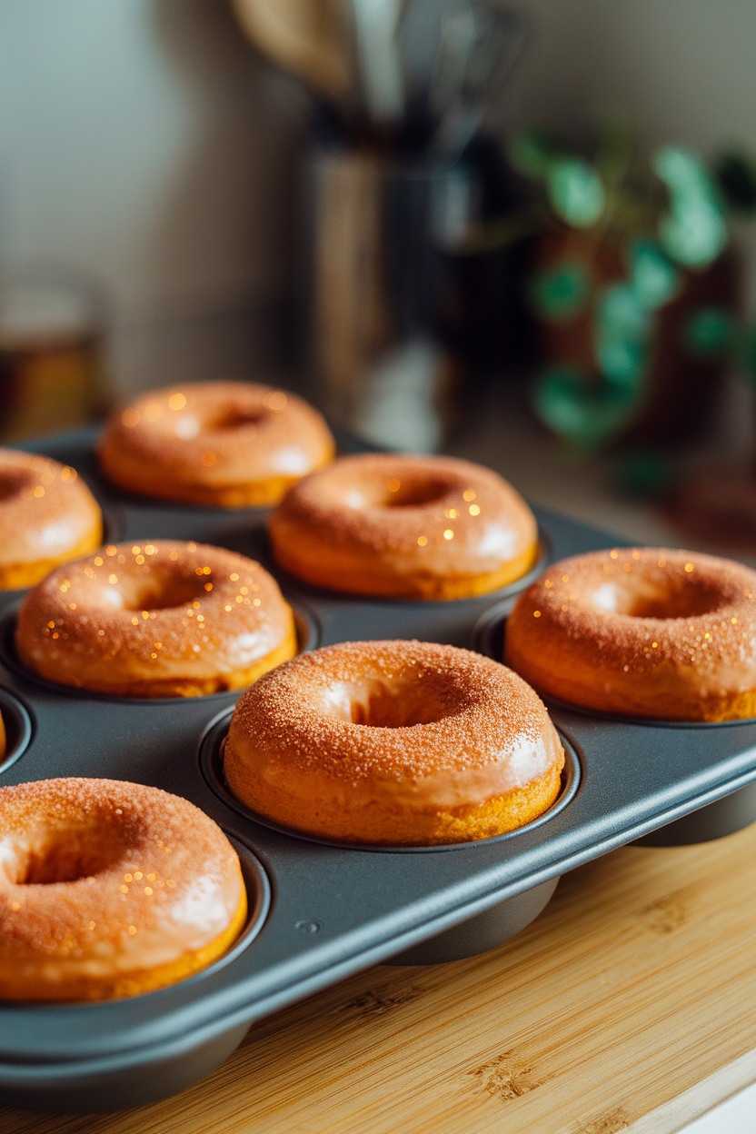 An indoor donut pan holding freshly baked pumpkin donuts, cinnamon sugar coating sparkling under warm lights. No text or logos.