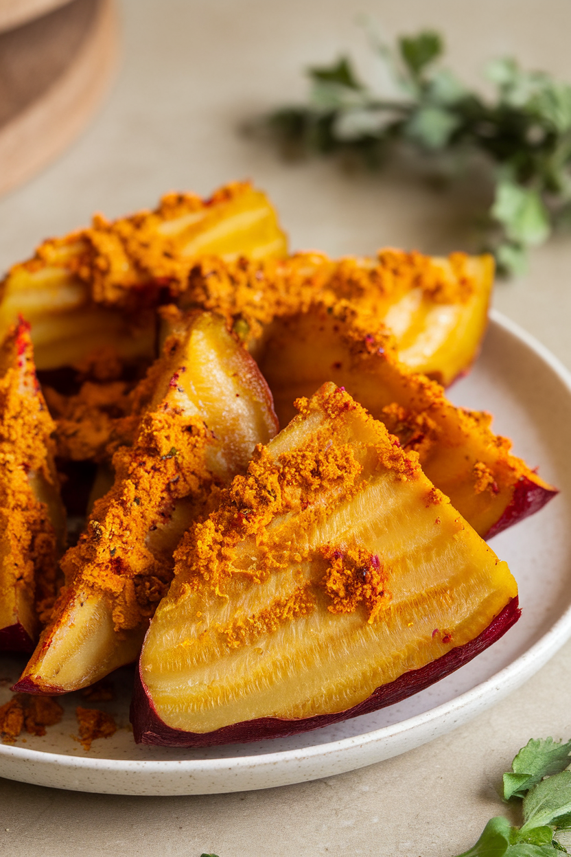Wedges of golden beets coated in turmeric spice mix, roasted and plated indoors; no text or logos. Photo only.