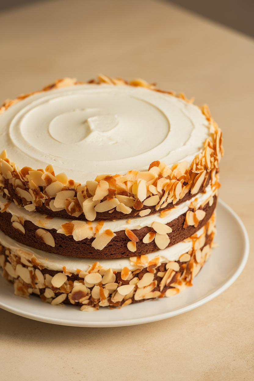 A triple-layer chocolate cake indoors, filled with coconut frosting and coated in toasted almonds around the sides, photographed close-up. Photo only, no text or logos.