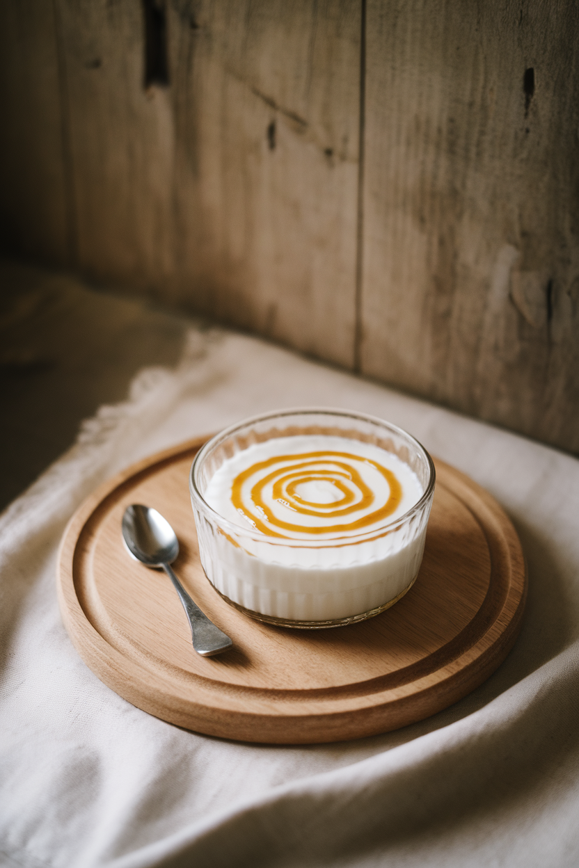 Softly lit indoor tabletop featuring a glass bowl of thick Greek yogurt drizzled with a spiral of golden honey and a tiny spoon alongside. No text or logos; photo only.