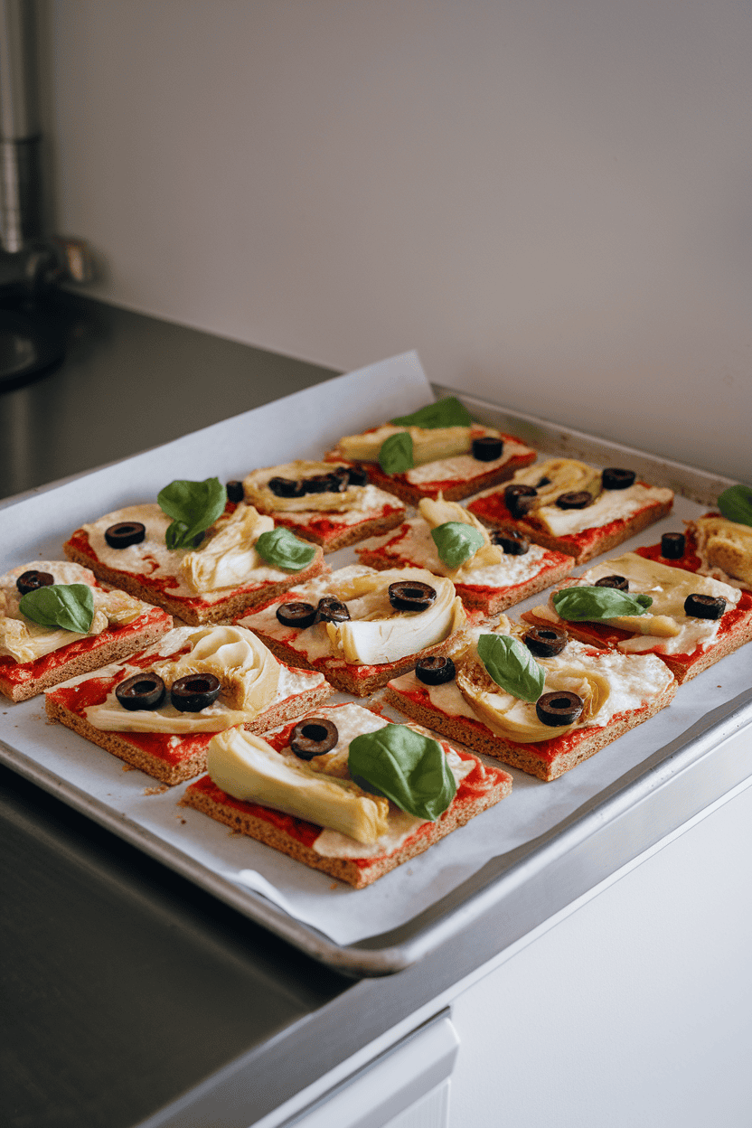 A baking sheet on an indoor counter holding cut squares of whole-wheat pizza topped with artichokes, olives, and fresh basil. No logos or text visible.