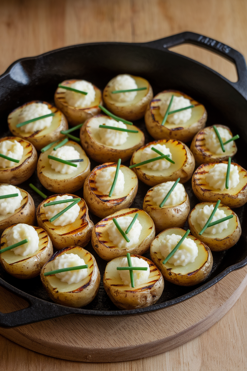 A cast-iron skillet indoors filled with halved baby potatoes grilled to golden perfection, mashed centers piped back in and topped with chives. No logos or text. Photo only.