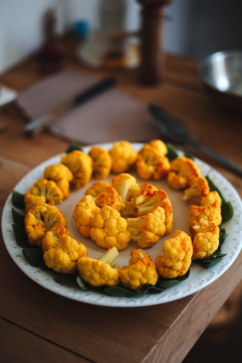 Photo of an indoor serving platter of golden turmeric-spiced cauliflower florets; no text or logos