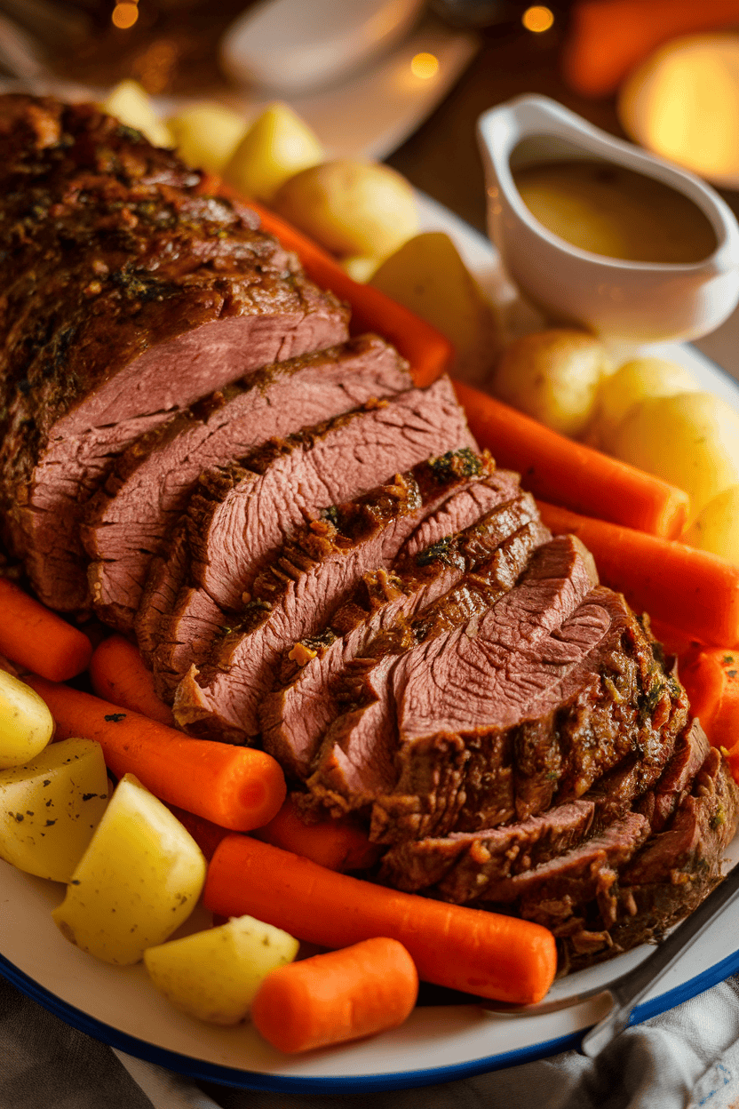 Indoor photo of tender sliced pot roast on a platter surrounded by carrots and potatoes, a small gravy boat nearby, captured in cozy evening lighting. No text or logos visible.