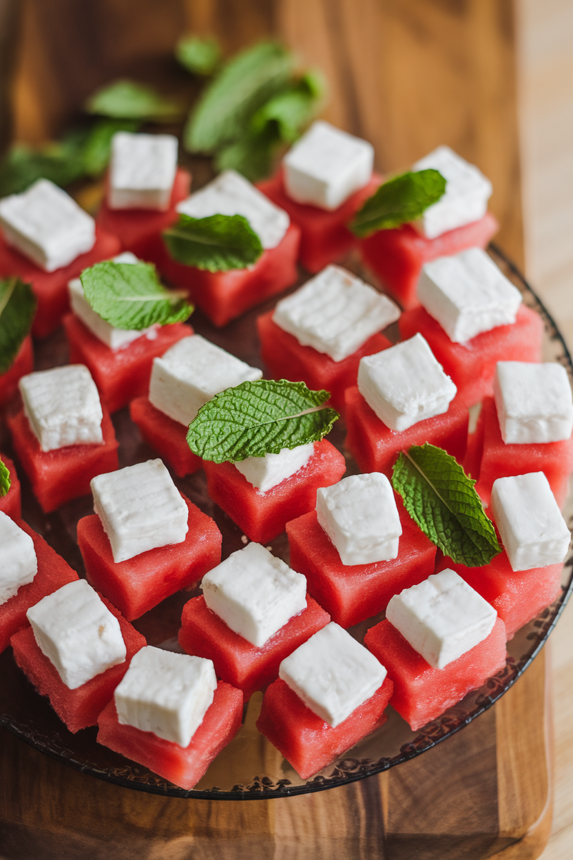 An indoor serving platter of alternating cubes of bright red watermelon and white feta, garnished with mint leaves. No text or logos. Photo, not illustration.