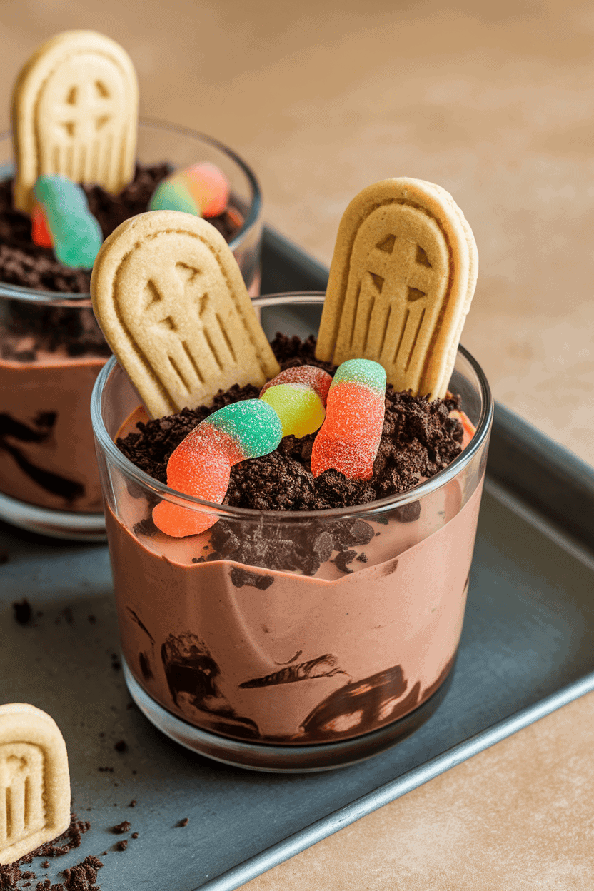 Indoor tray of clear cups filled with chocolate pudding, crushed cookie “dirt,” gummy worms, and upright cookie headstones. No logos or text.