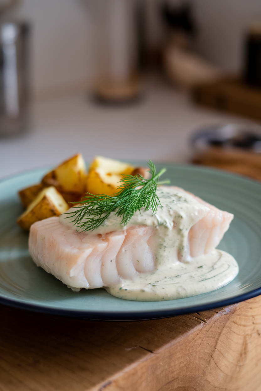 Indoor plate of cod fillet with pale horseradish cream sauce, sprig of dill on top, potatoes on side. No text or logos.