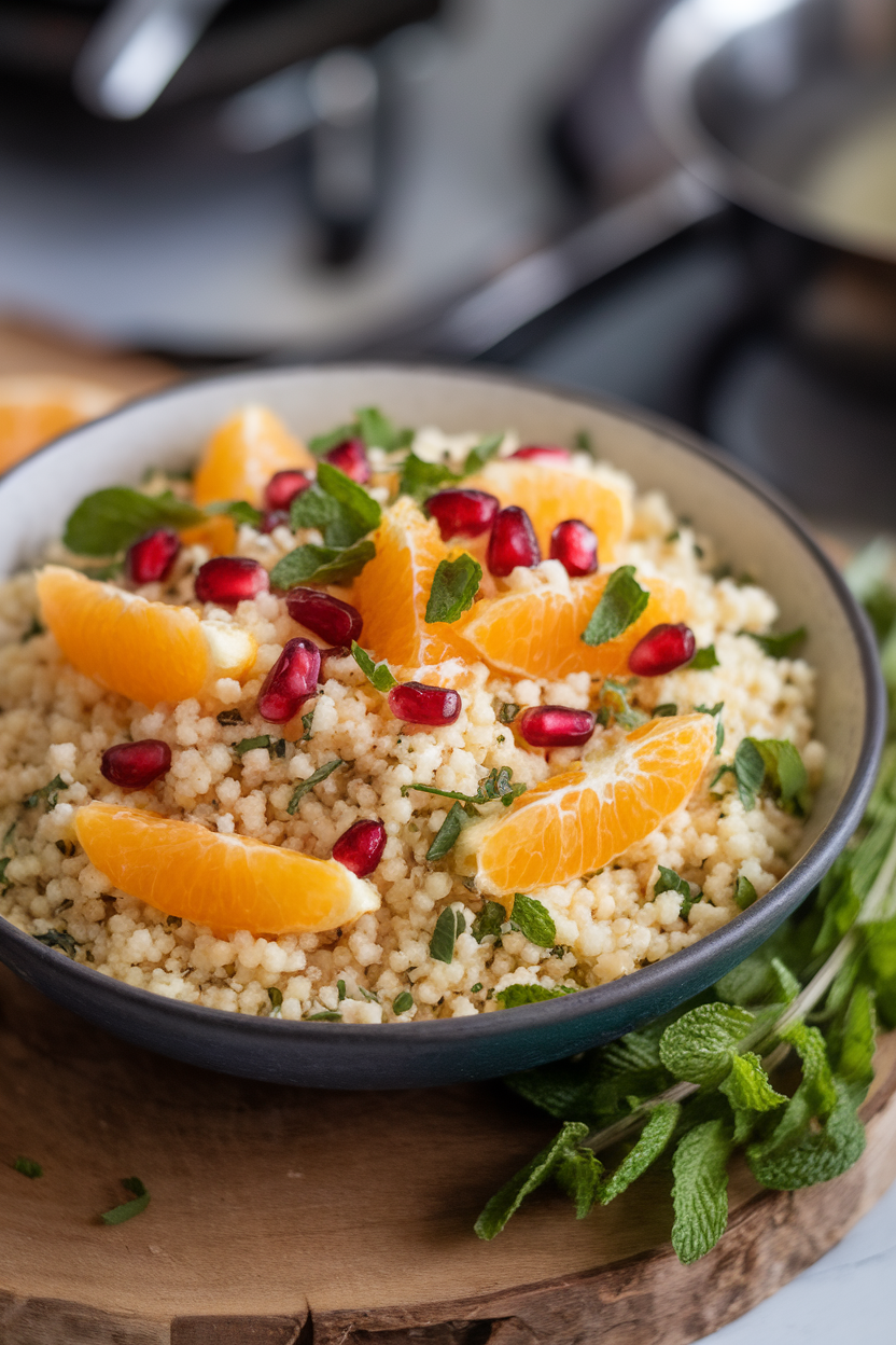 An indoor bowl of fluffy couscous dotted with orange segments, chopped mint, and pomegranate seeds. No text or logos. Photo, not illustration.