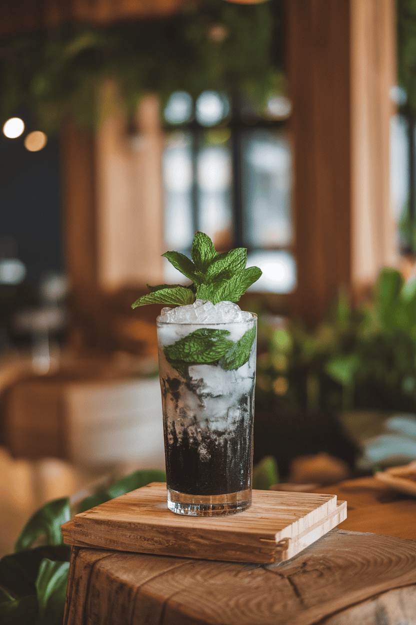 Indoor lounge with a highball glass of black-hued mojito, mint bouquet emerging, crushed ice glistening; no text or logos.