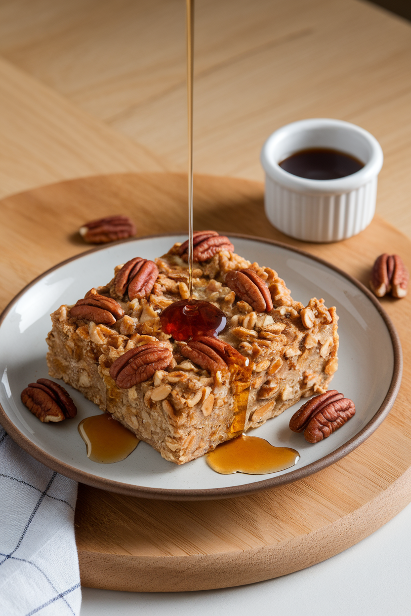 Photo of a square of baked oatmeal studded with pecans and drizzled with maple syrup on an indoor dessert plate. No text or logos.