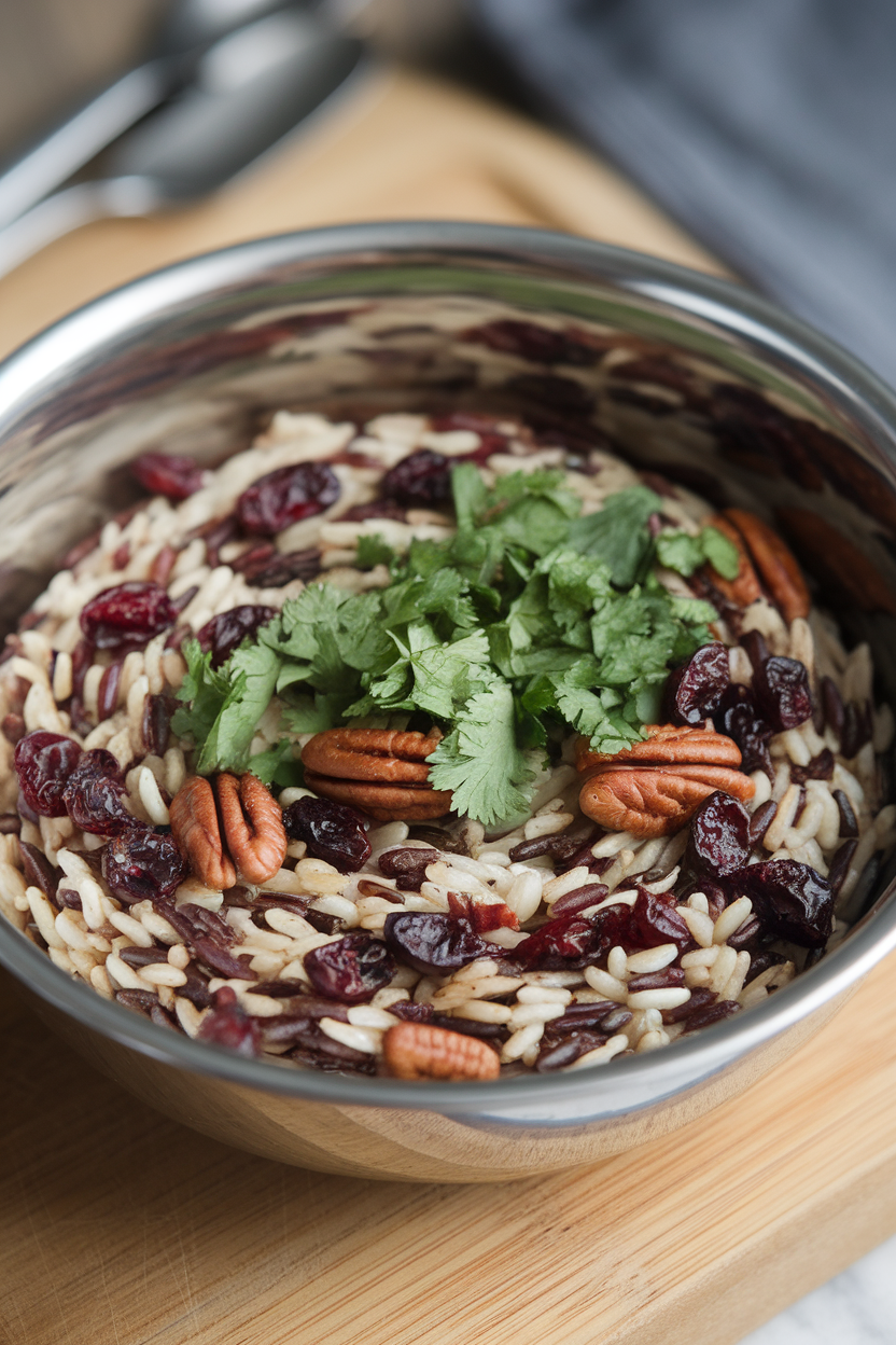 Indoor photo of a stainless bowl containing wild rice, dried cranberries, toasted pecans, and chopped herbs; no text or logos present.