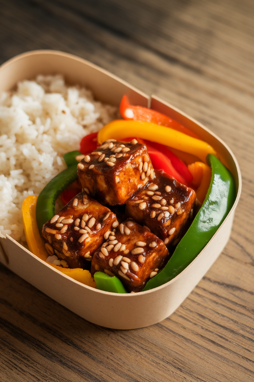 Photo of a bento box indoors with soy-glazed tofu cubes, stir-fried bell peppers, and jasmine rice. No text or logos.