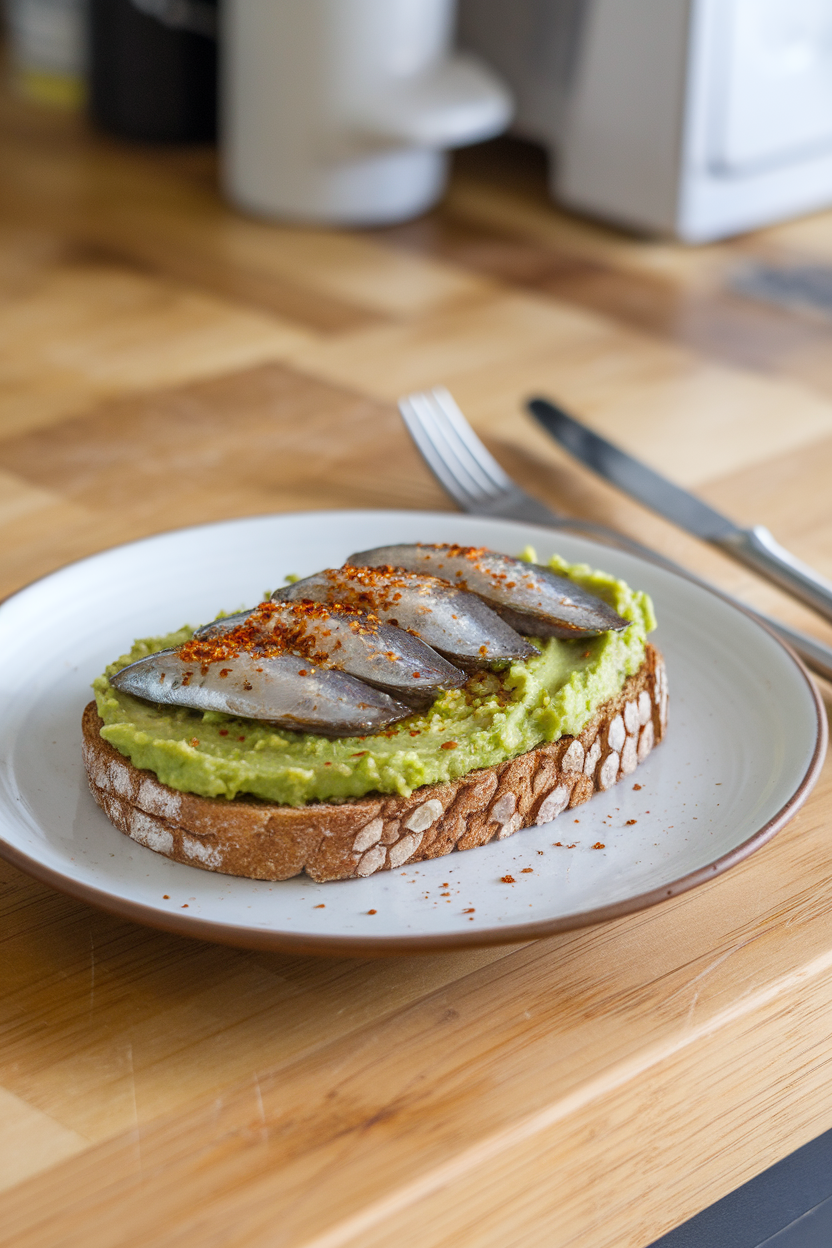 A wooden indoor countertop with whole-grain toast spread with mashed avocado and topped with glistening sardine fillets and a sprinkle of chili flakes; no text or logos present.