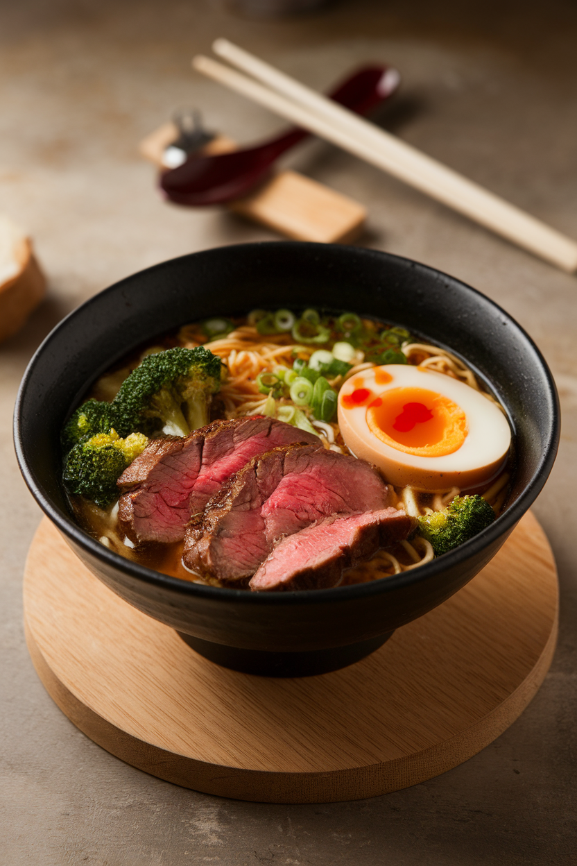 Indoor photo of ramen bowl with sliced steak, broccoli florets, and soft-boiled egg in soy broth, no text or logos. Photograph, not illustration.