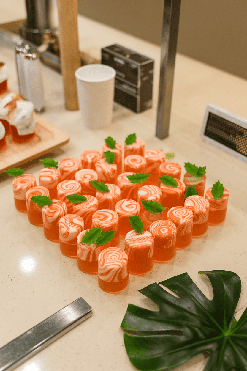 Indoor counter with orange-white swirled jello shots dotted with green candy leaves, no text or logos