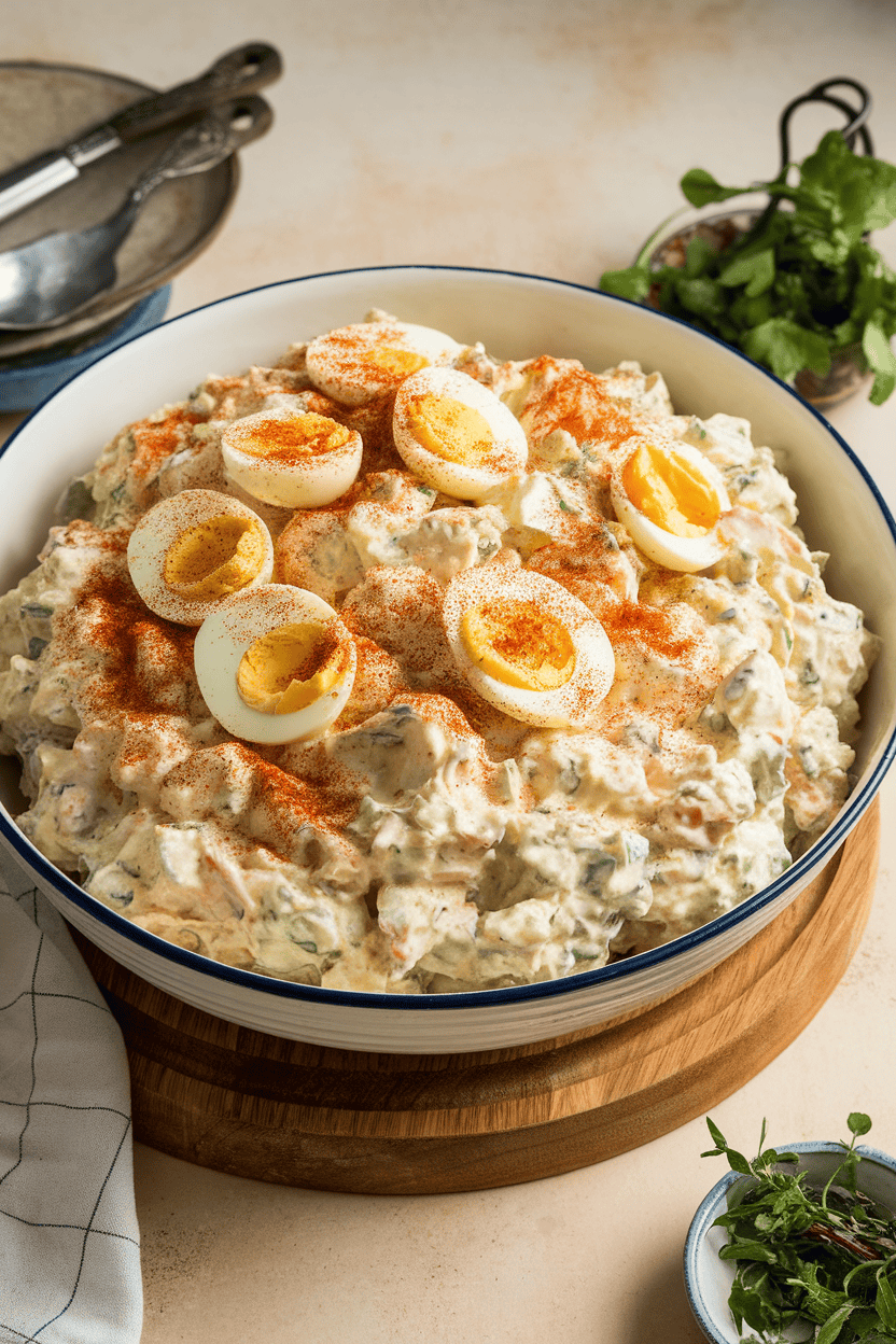 Photo of a large white serving bowl containing creamy potato salad topped with sliced hard-boiled eggs and paprika, shown indoors. No text or logos visible.