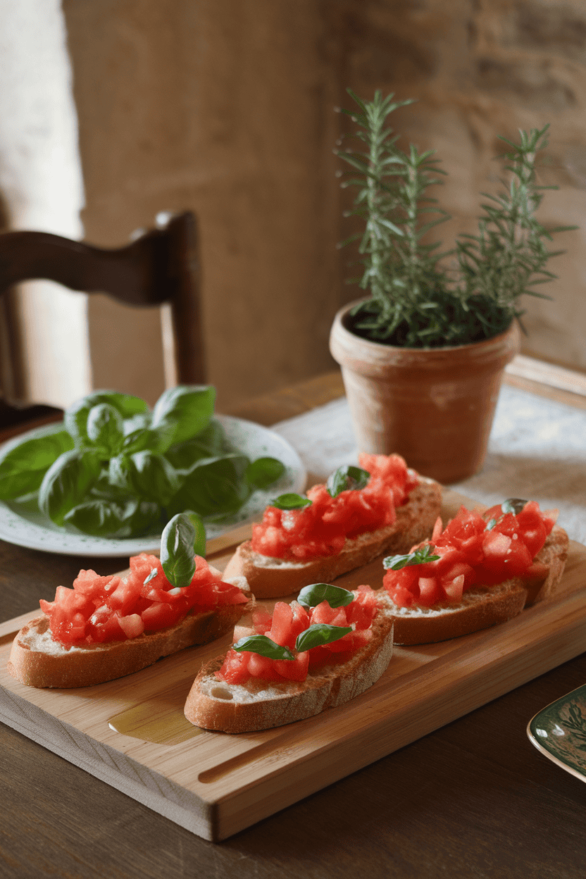 An indoor dining table with a wooden board holding toasted baguette slices topped with diced tomato, basil, and a drizzle of olive oil. No text or logos; photo only.