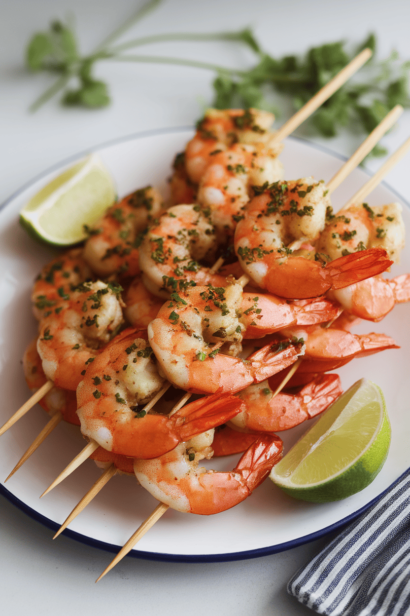 Photo of cooked shrimp skewers glazed with chili-lime sauce, resting on a platter indoors beside lime wedges. No visible text or branding.